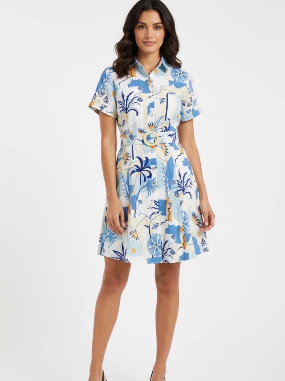 Nicole Miller 100% Linen Retro Tropical Print Belted Shirt Dress Size M